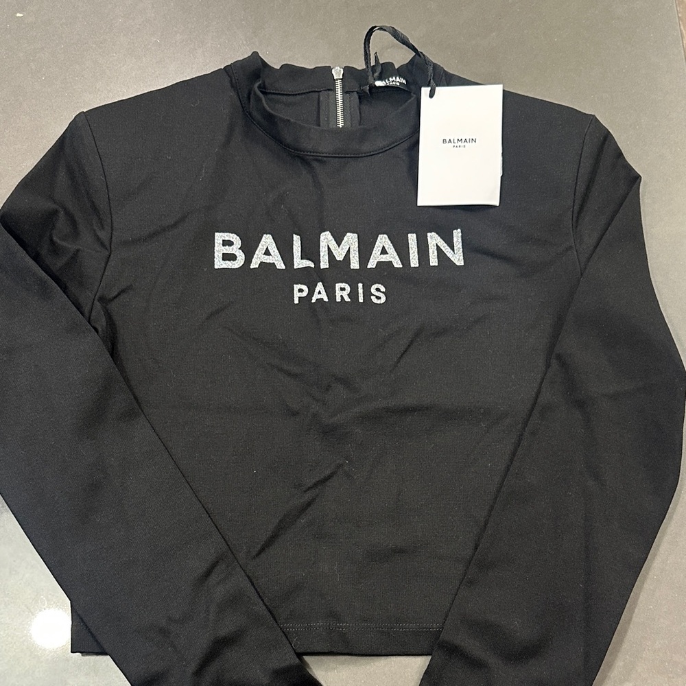 Balmain Black Long Sleeve Tee with Silver Logo
